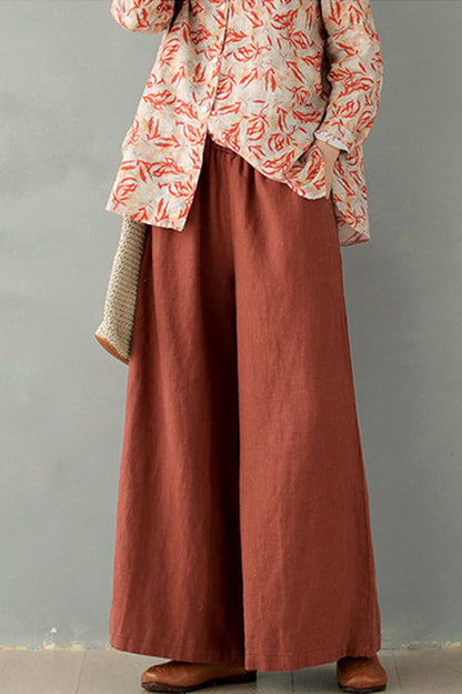 Rust Brown Linen Blend Palazzo Pants - Elastic Waist, Relaxed Fit 2867