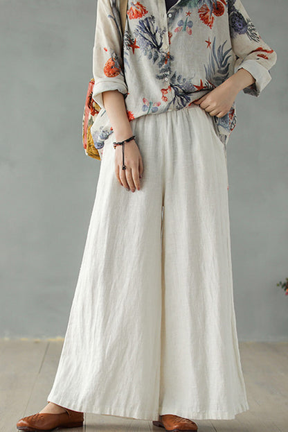 White Women Causal Palalzzo Linen Pants 2866