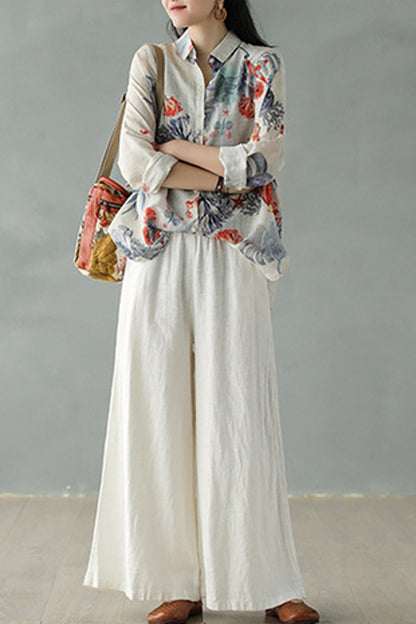 White Women Causal Palalzzo Linen Pants 2866