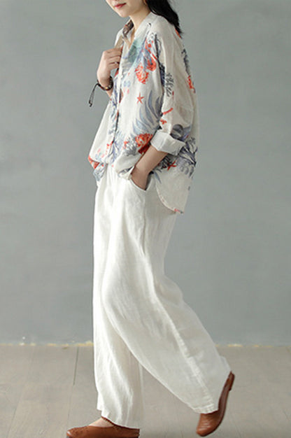 White Women Causal Palalzzo Linen Pants 2866