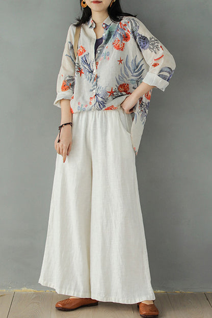 White Women Causal Palalzzo Linen Pants 2866