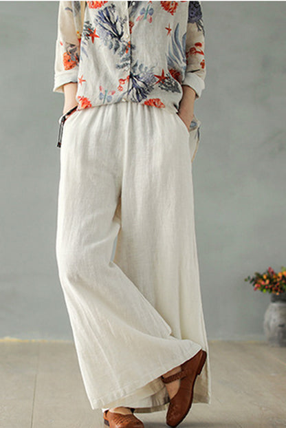 White Women Causal Palalzzo Linen Pants 2866