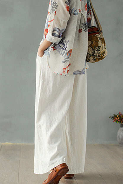 White Women Causal Palalzzo Linen Pants 2866