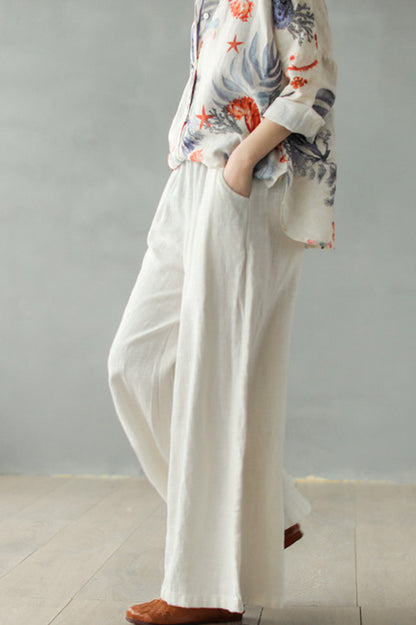 White Women Causal Palalzzo Linen Pants 2866