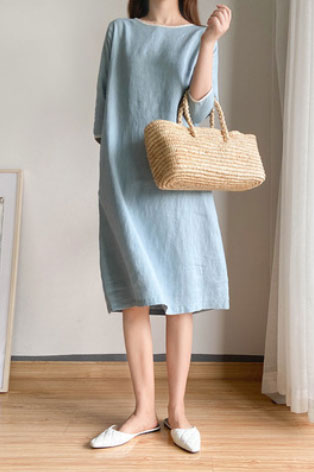 Red Linen A-Line Dress - Loose Waistband, Crew Neck Detail 2859