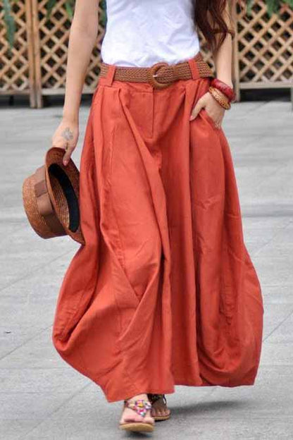 Handmade Linen Bubble Skirt Green – High-Waist Pleats Midi – 0984