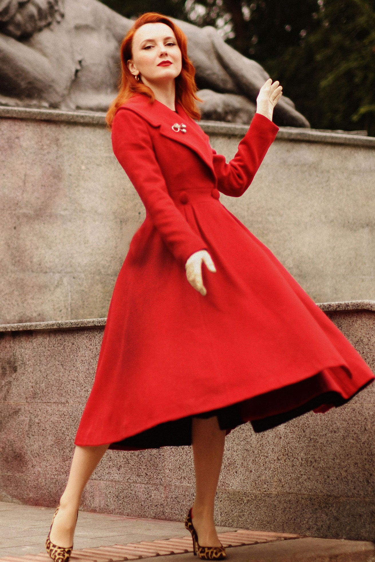 1950s Red Long princess wool coat 3189