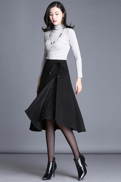 Black Polyester A-Line Midi Skirt - High Waist Elegant Silhouette S018