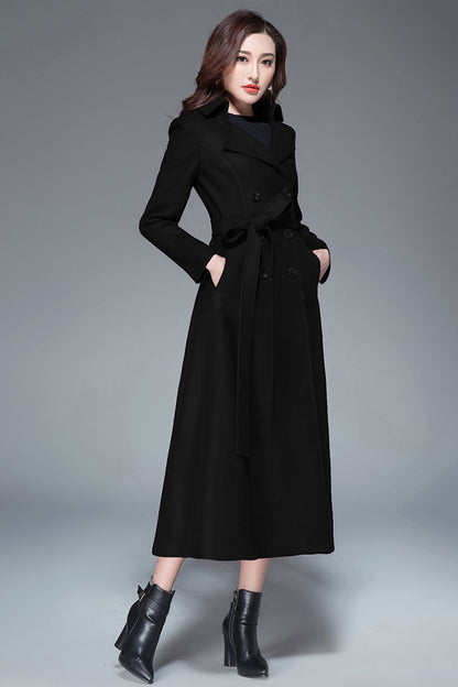 Handmade Light Gray Wool Coat – Elegant Double-Breasted Belted Long Overcoat | Xiaolizi 3985
