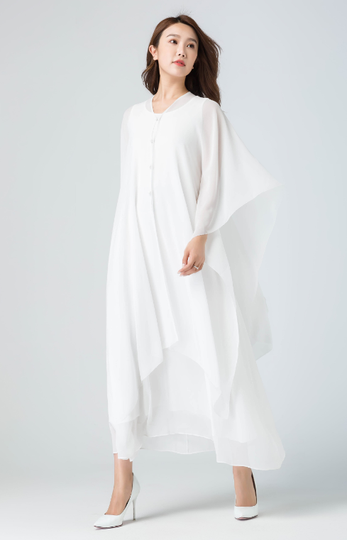 White Chiffon Maxi Dress Handmade Flowy Cape Sleeve Elegance 1917 White / S White Chiffon Maxi Dress Handmade Flowy Cape Sleeve Elegance 1917 White / S