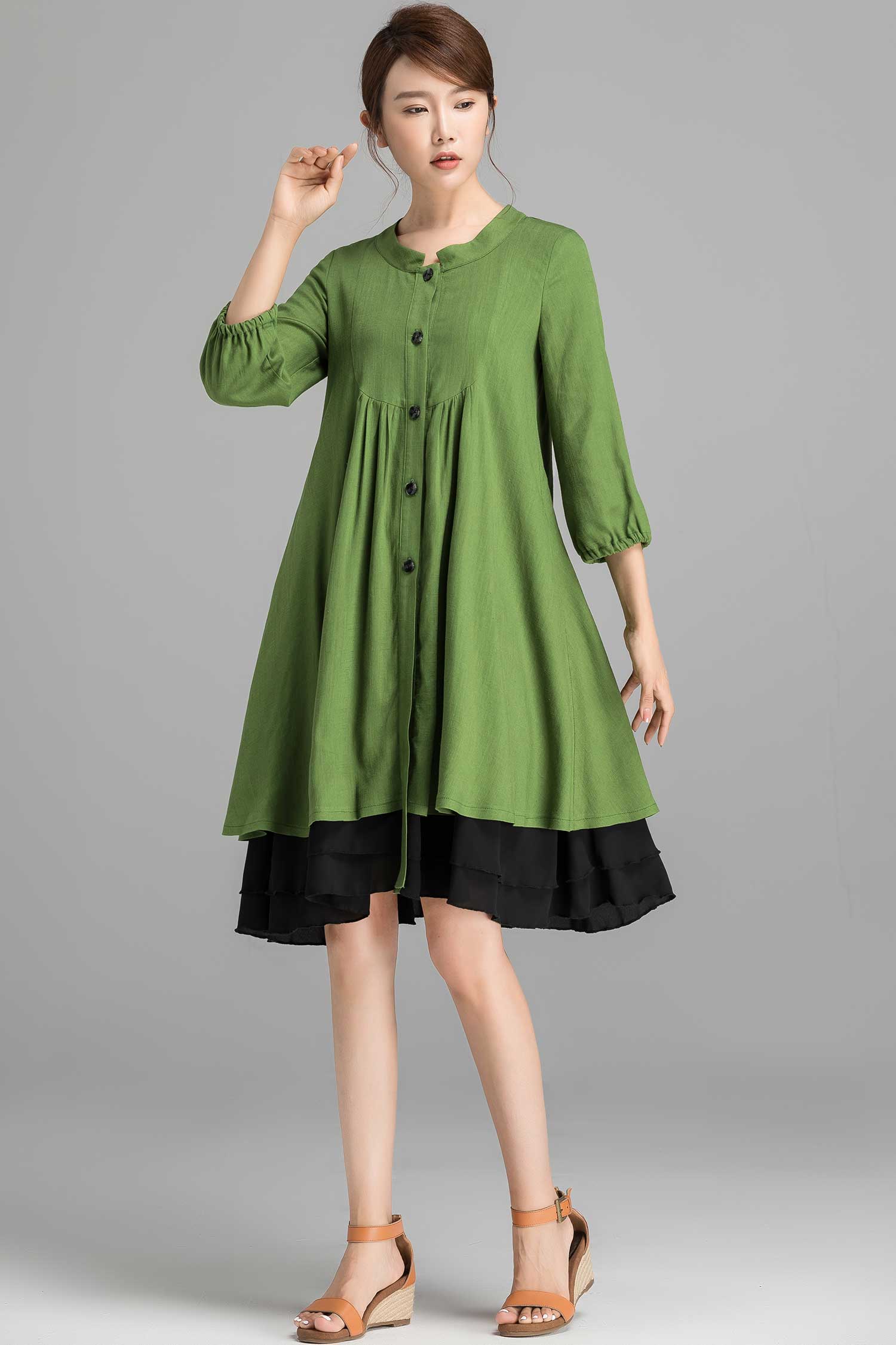 Linen shirt dress with 3/4 sleeve 2356# - Green / XS (US 0) Linen shirt dress with 3/4 sleeve 2356# - Green / XS (US 0)
