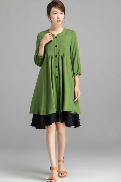 Army Green Linen Shirt Dress - Bishop Sleeve, Oversized Tunic 2356
