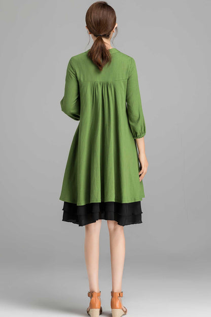 Army Green Linen Shirt Dress - Bishop Sleeve, Oversized Tunic 2356