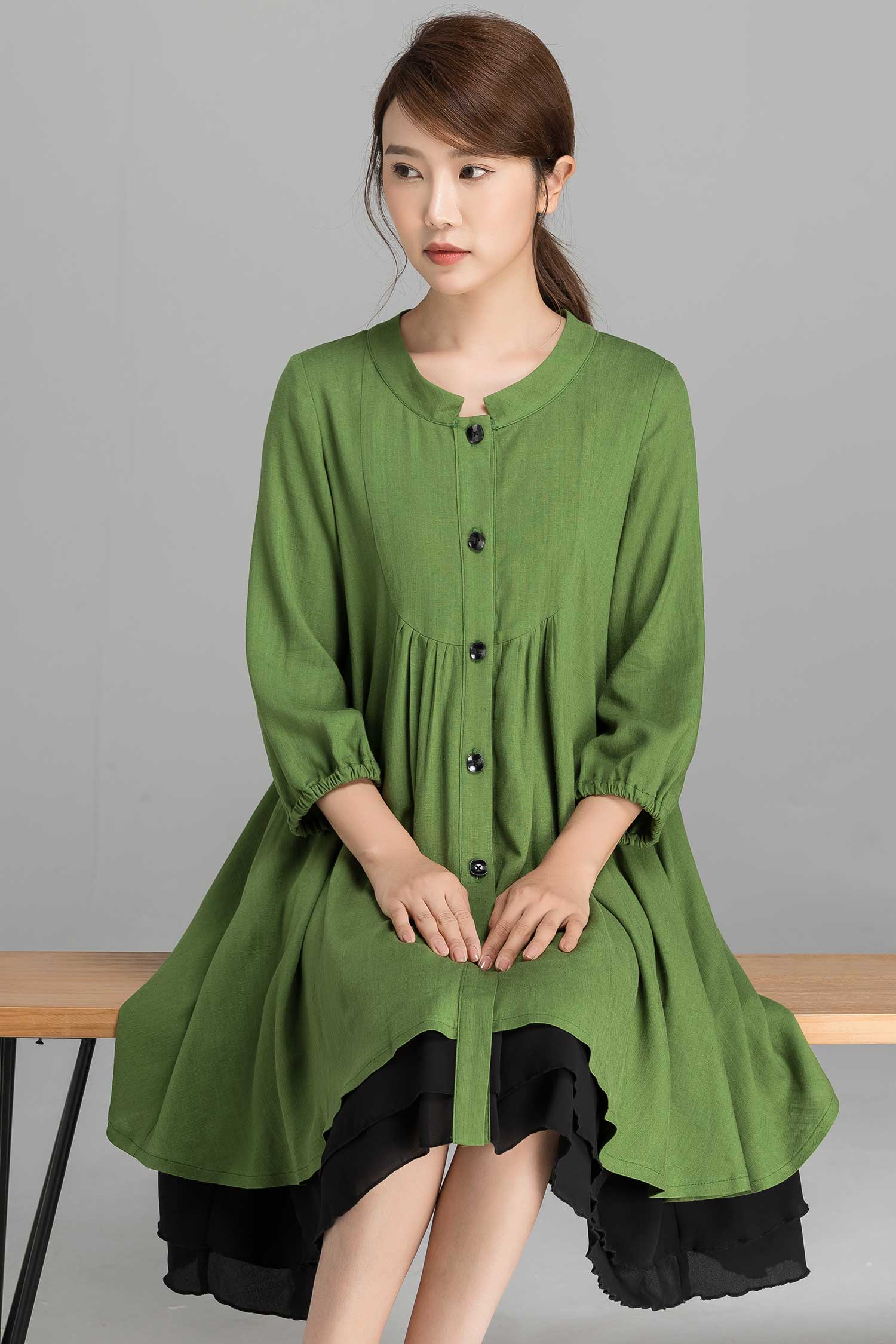 Linen shirt dress with 3/4 sleeve 2356# Xiaolizi Linen shirt dress with 3/4 sleeve 2356# Xiaolizi