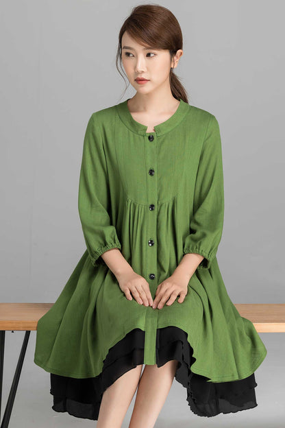 Army Green Linen Shirt Dress - Bishop Sleeve, Oversized Tunic 2356