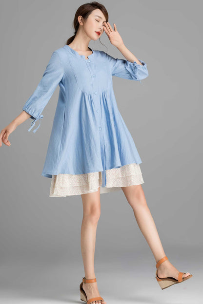 Linen shirt tunic dress in Blue 2358#