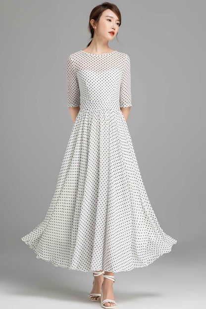 Black & White Polka Dot Chiffon Dress - Flowy A-Line Silhouette 2365