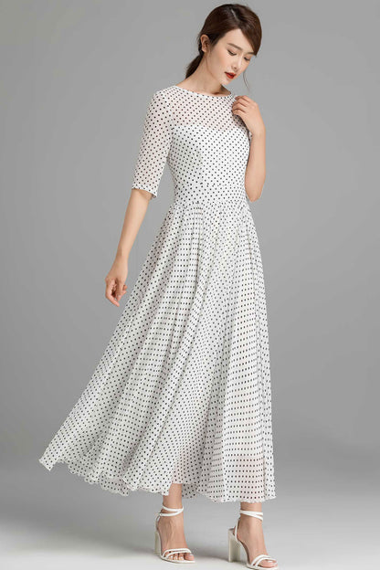 Black & White Polka Dot Chiffon Dress - Flowy A-Line Silhouette 2365