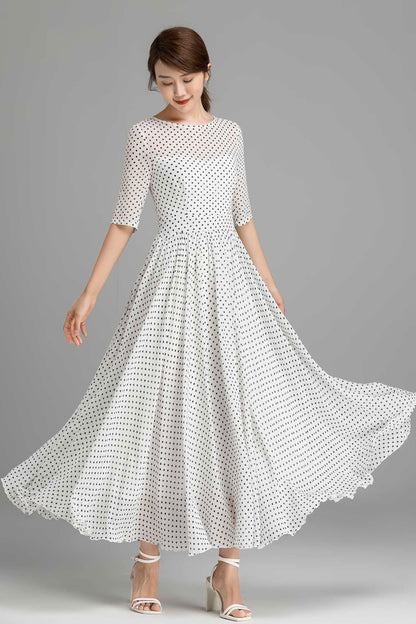 Black & White Polka Dot Chiffon Dress - Flowy A-Line Silhouette 2365