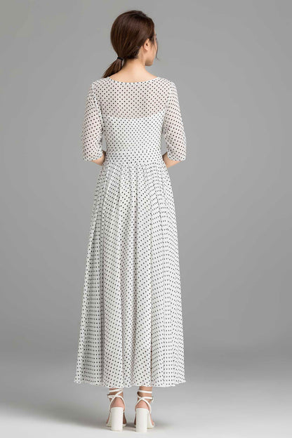 Black & White Polka Dot Chiffon Dress - Flowy A-Line Silhouette 2365