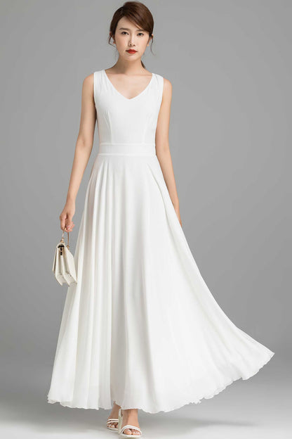 White Chiffon Dress – Handmade Sleeveless Maxi for Wedding & Summer Party | Xiaolizi 2366