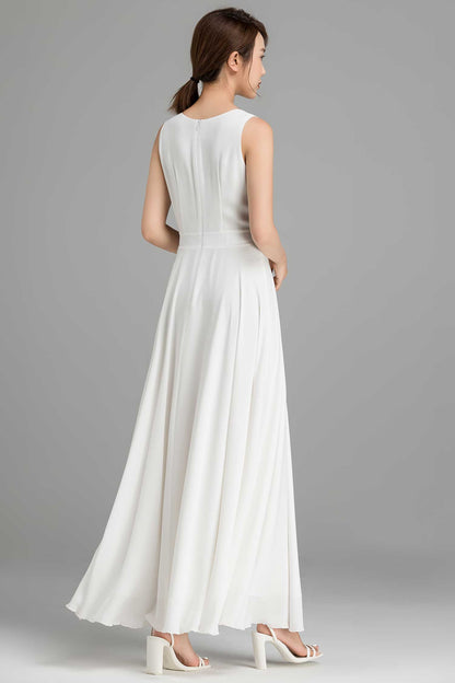 White Chiffon Dress – Handmade Sleeveless Maxi for Wedding & Summer Party | Xiaolizi 2366