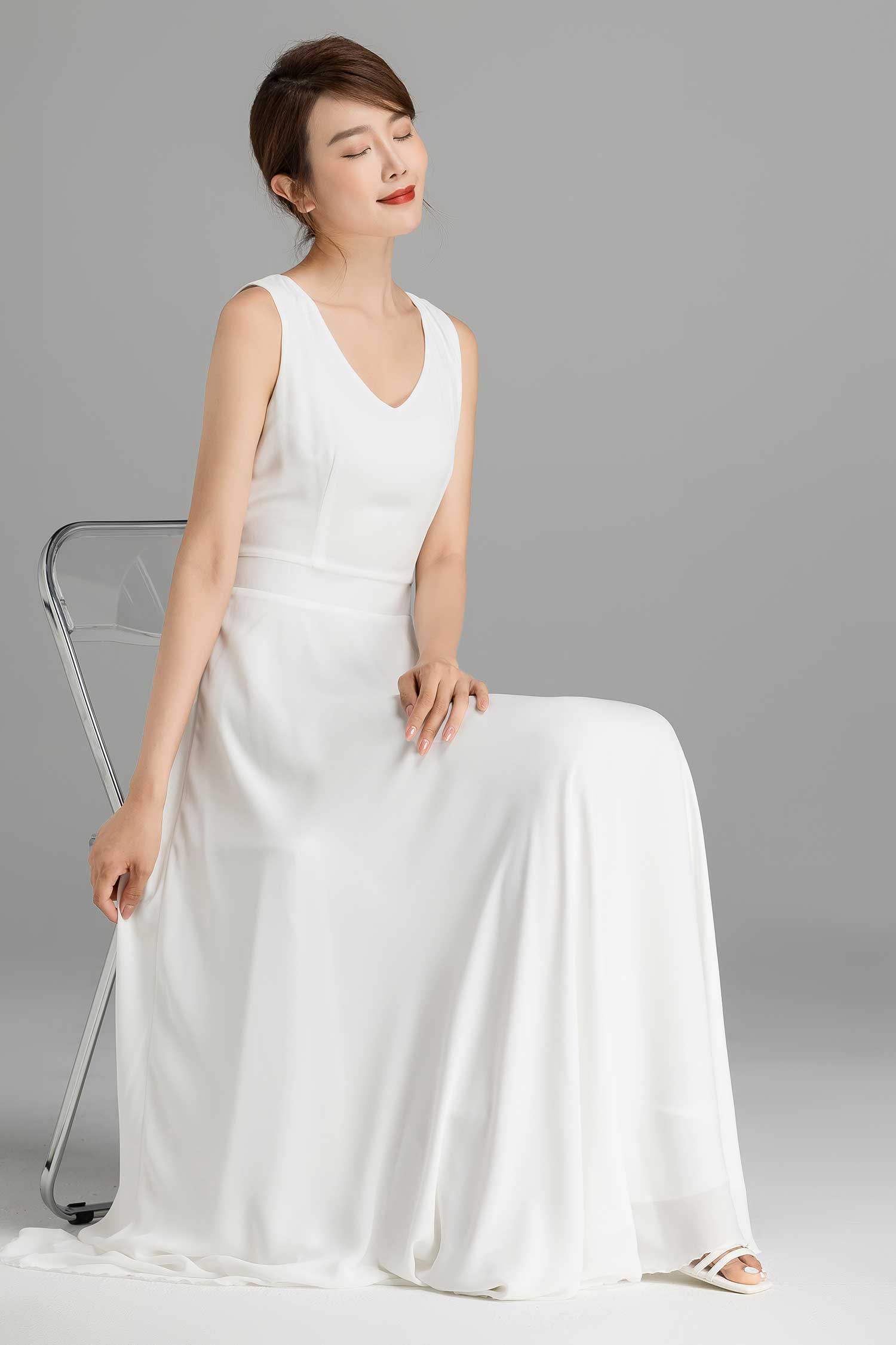 White Chiffon Maxi Dress – Handmade Summer Wedding & Party Gown Off White / M