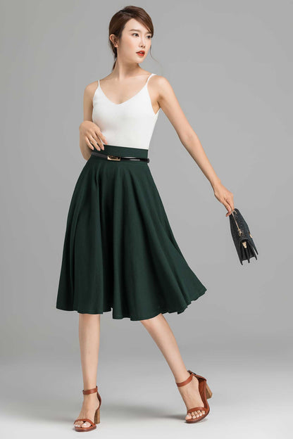 50s A-Line Skirt – High Waist Linen Cotton Circle Skirt with Pockets  2369