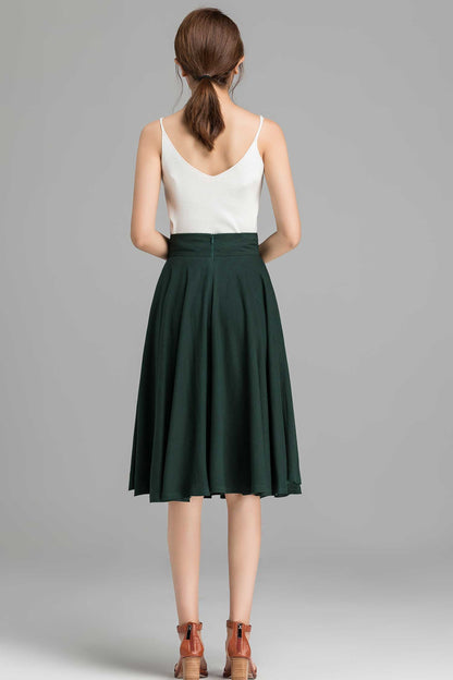50s A-Line Skirt – High Waist Linen Cotton Circle Skirt with Pockets  2369