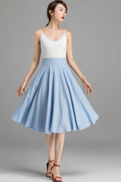 High Waist A-Line Skirt – Light Blue Linen Cotton Circle Skirt with Pockets 2367