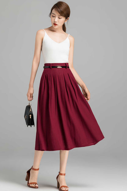 Elegant Burgundy Linen Skirt – Handmade A-Line Midi with Side Zipper | Xiaolizi 2370