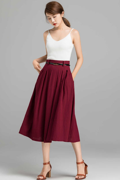 Elegant Burgundy Linen Skirt – Handmade A-Line Midi with Side Zipper | Xiaolizi 2370