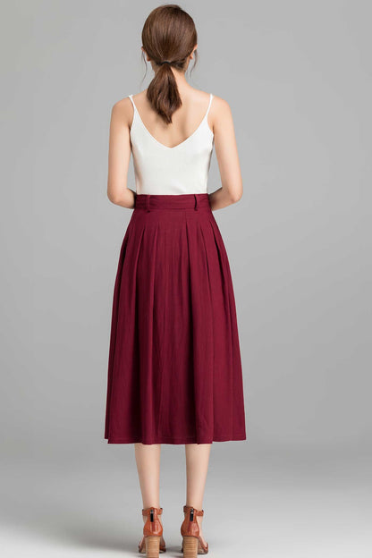 Elegant Burgundy Linen Skirt – Handmade A-Line Midi with Side Zipper | Xiaolizi 2370