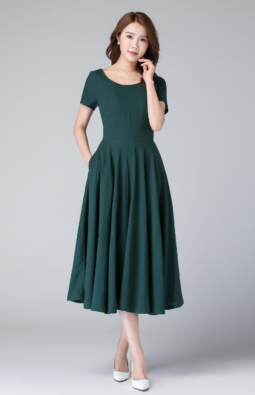Handmade Green Linen Cotton Dress Fit and Flare Midi | Xiaolizi 1900 Green / Custom order Handmade Green Linen Cotton Dress Fit and Flare Midi | Xiaolizi 1900 Green / Custom order