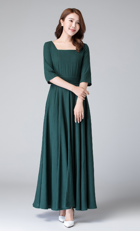 Handmade Dark Green Linen Maxi Dress Square Neck Bridesmaid | Xiaolizi 1907 Emerald Green / XL Handmade Dark Green Linen Maxi Dress Square Neck Bridesmaid | Xiaolizi 1907 Emerald Green / XL