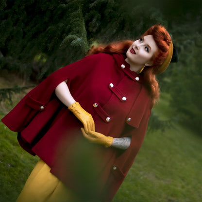 Red Wool Cape Coat – Women’s Vintage Hooded Cloak with Silver Buttons 2499