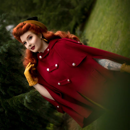 Red Wool Cape Coat – Women’s Vintage Hooded Cloak with Silver Buttons 2499