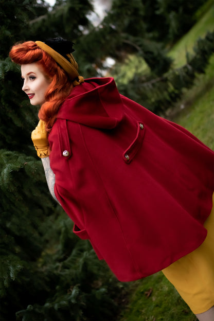 Red Wool Cape Coat – Women’s Vintage Hooded Cloak with Silver Buttons 2499