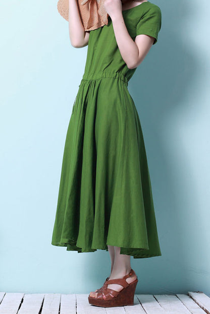 Green Cotton Linen Midi Dress - Short Sleeve, Elastic Waist 3687