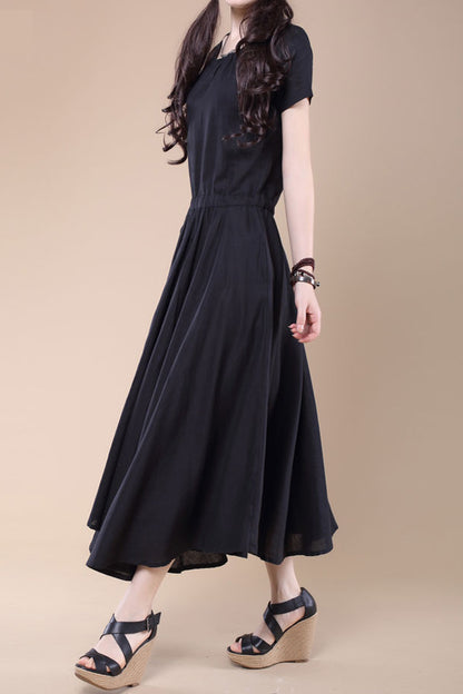 Green Cotton Linen Midi Dress - Short Sleeve, Elastic Waist 3687