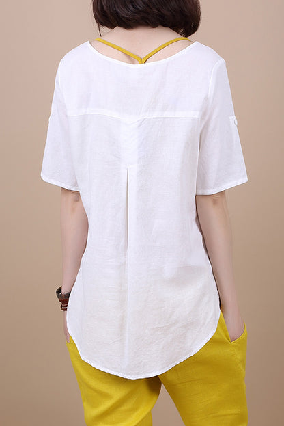 White Cotton Linen Shirt - Loose Fit Casual Top with Pocket 3684