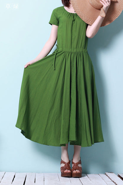 Green Cotton Linen Midi Dress - Short Sleeve, Elastic Waist 3687