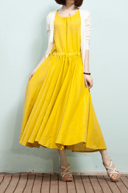 Green Cotton Linen Midi Dress - Short Sleeve, Elastic Waist 3687