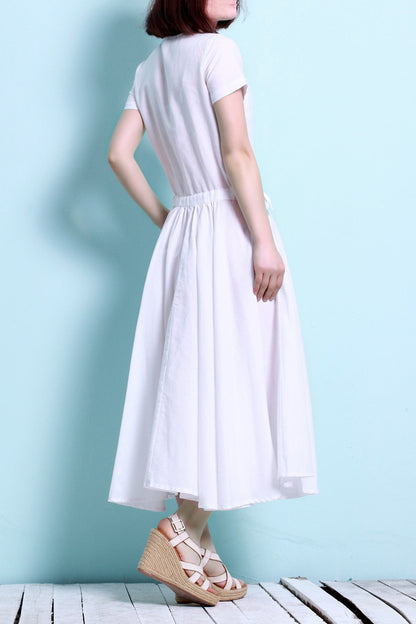 Green Cotton Linen Midi Dress - Short Sleeve, Elastic Waist 3687