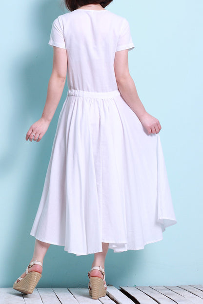 Green Cotton Linen Midi Dress - Short Sleeve, Elastic Waist 3687