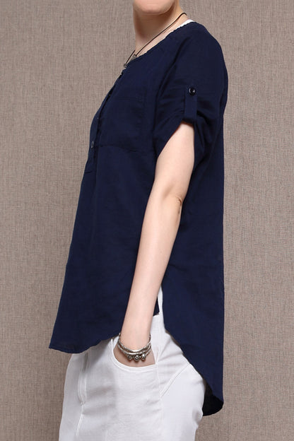 White Cotton Linen Shirt - Loose Fit Casual Top with Pocket 3684