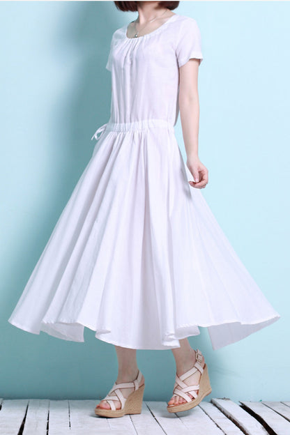 Green Cotton Linen Midi Dress - Short Sleeve, Elastic Waist 3687