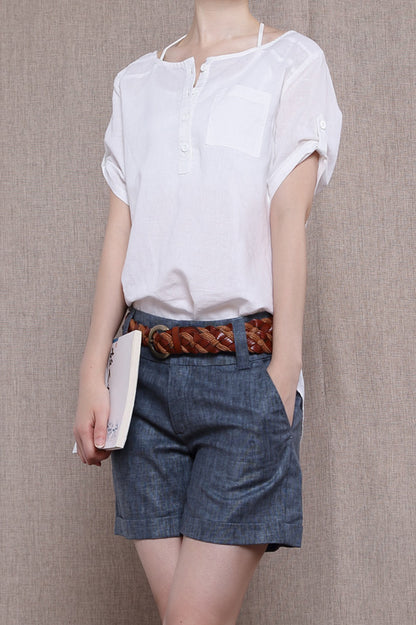 White Cotton Linen Shirt - Loose Fit Casual Top with Pocket 3684