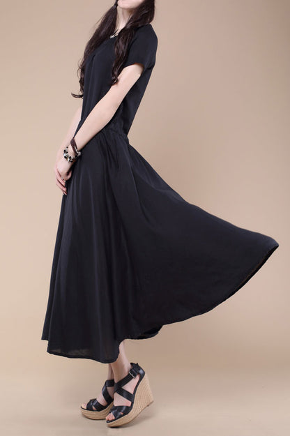 Green Cotton Linen Midi Dress - Short Sleeve, Elastic Waist 3687