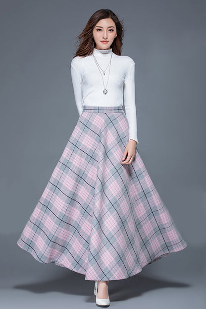 Plaid Wool Blend Maxi Skirt – A-Line Ankle Length Skirt with Pockets 3935